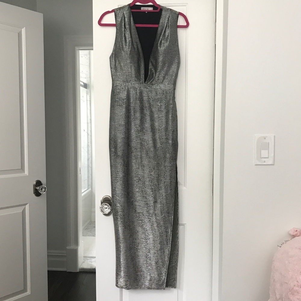 House of CB metallic Deep V dress
